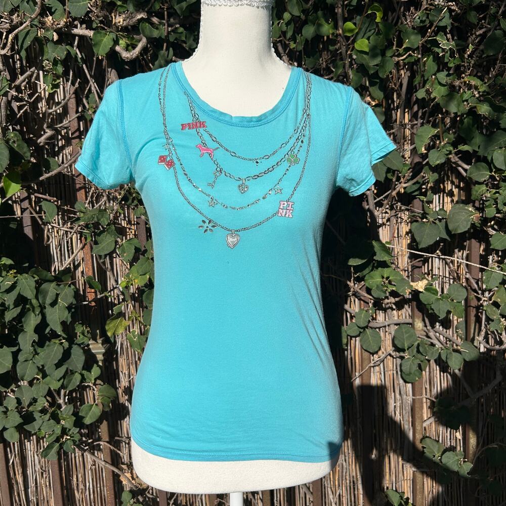 Y2K Victoria's Secret PINK Layered Silver Chain Graphic Crewneck T-Shirt S Blue